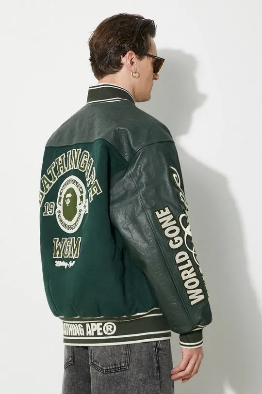 A Bathing Ape wool bomber jacket Bape Patch Coach Jacket green color 1J80141058