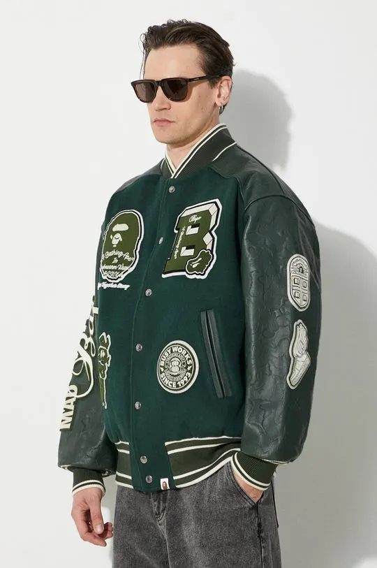 A Bathing Ape wool bomber jacket Bape Patch Coach Jacket green color 1J80141058