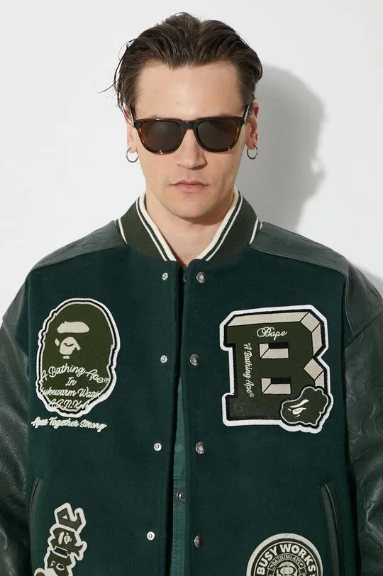 A Bathing Ape wool bomber jacket Bape Patch Coach Jacket green color 1J80141058