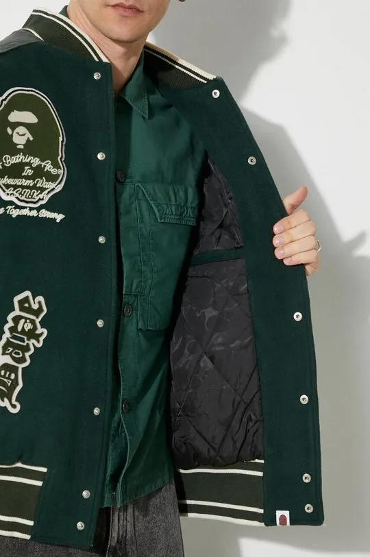 A Bathing Ape wool bomber jacket Bape Patch Coach Jacket green color 1J80141058