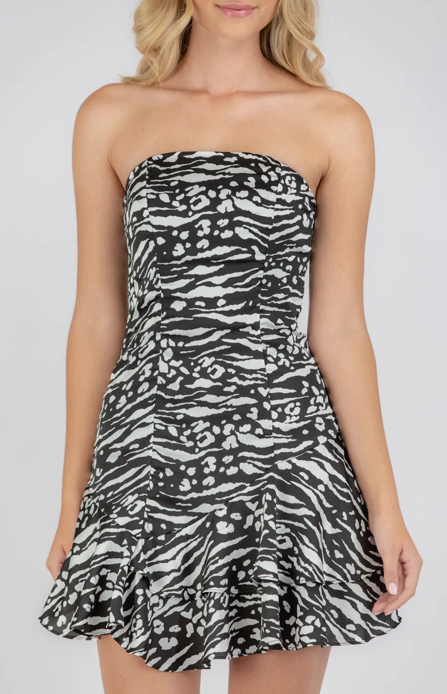 Animal Print Strapless Dress with Ruffle Details (SDR723A)