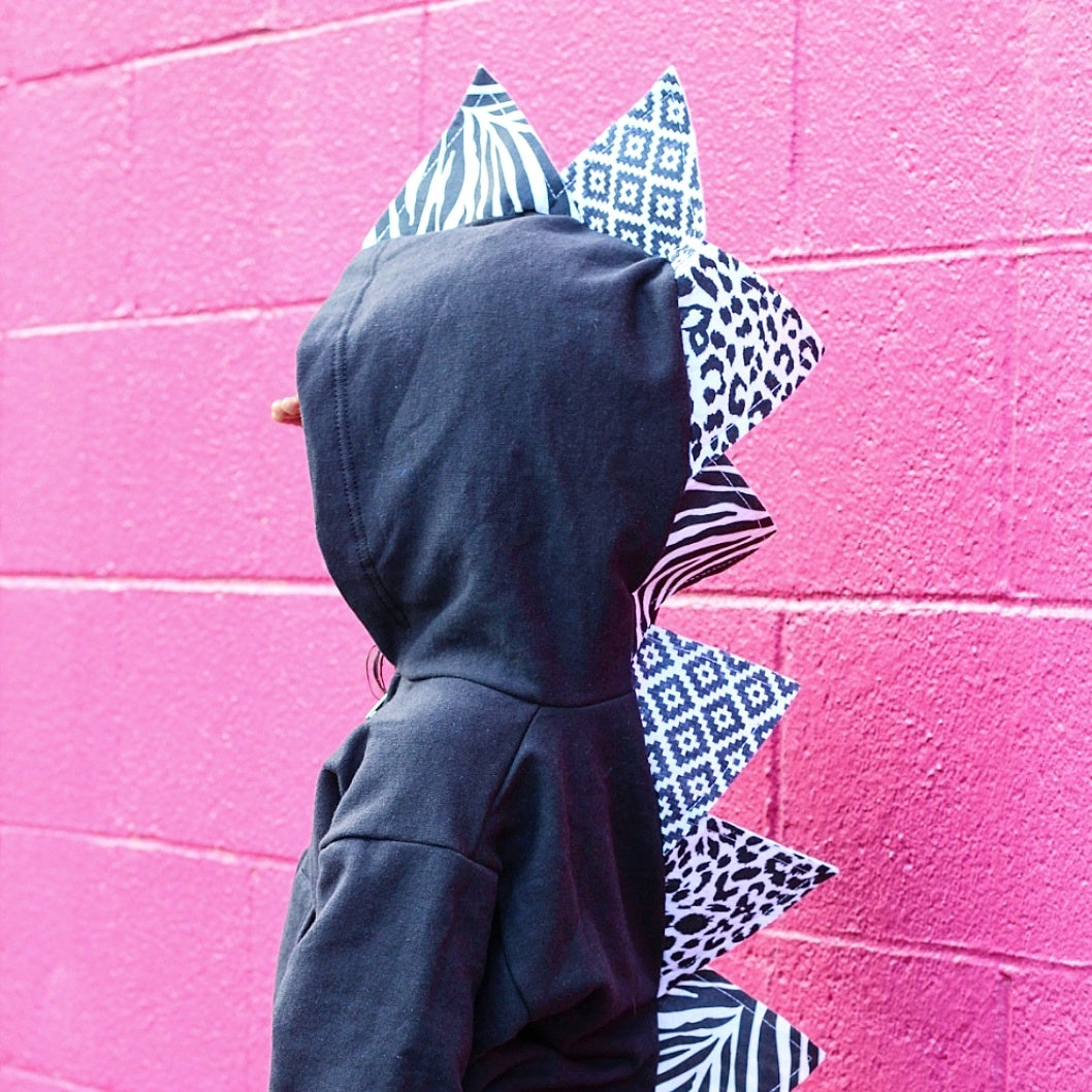 Black + White Mix Print Dino Hoodie - Unisex