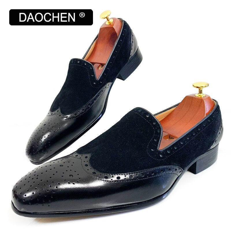 BLACK WINGTIP REAL LEATHER MEM SHOES SLIP ON DRESS WEDDING LOAFERS SHOES