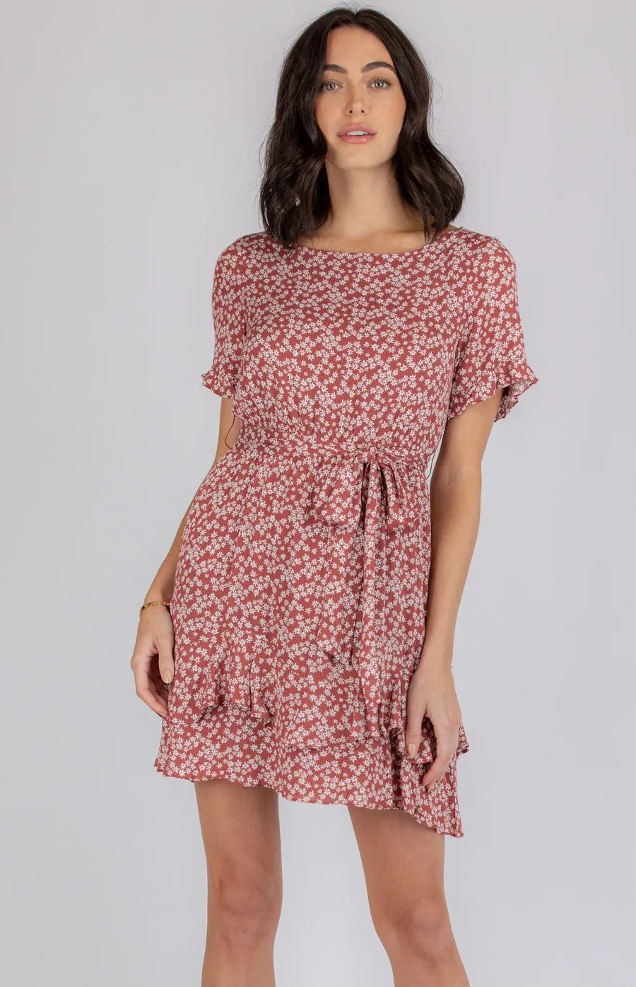 Boat Neckline Short Sleeve Dress with Ruffle Hem (ADR1061B)