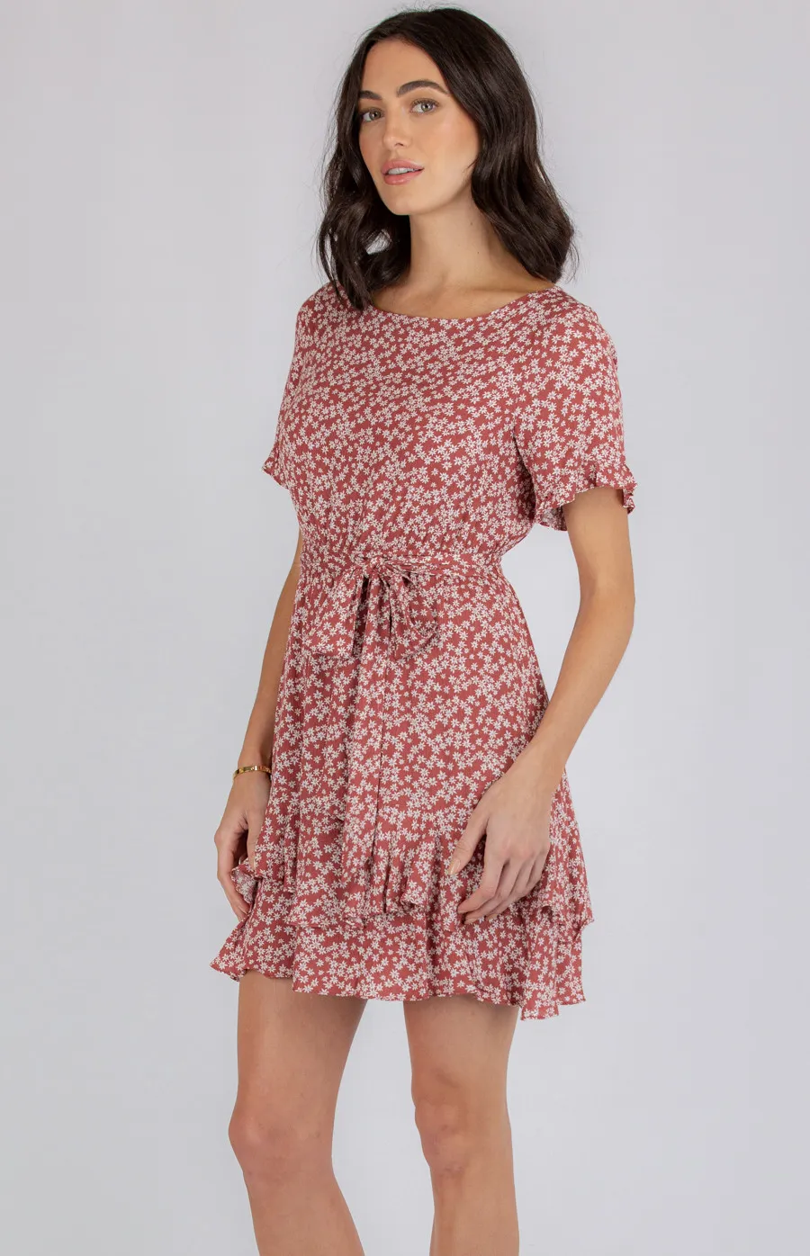 Boat Neckline Short Sleeve Dress with Ruffle Hem (ADR1061B)