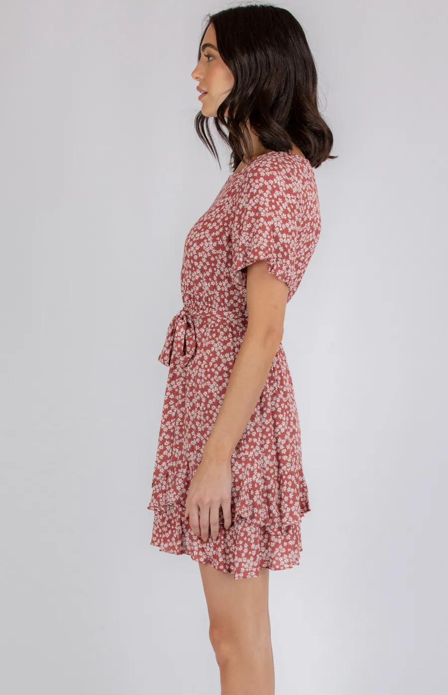 Boat Neckline Short Sleeve Dress with Ruffle Hem (ADR1061B)