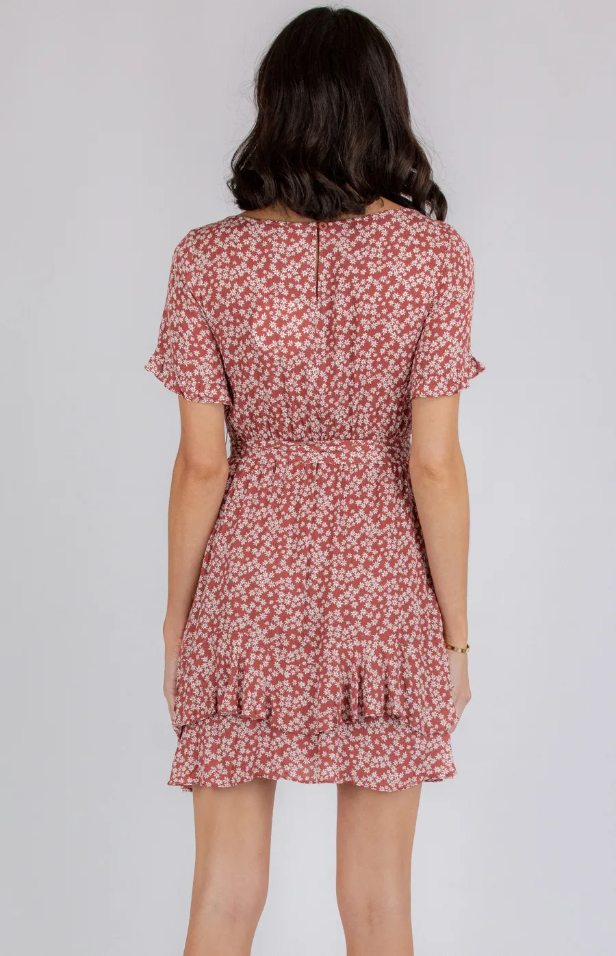 Boat Neckline Short Sleeve Dress with Ruffle Hem (ADR1061B)