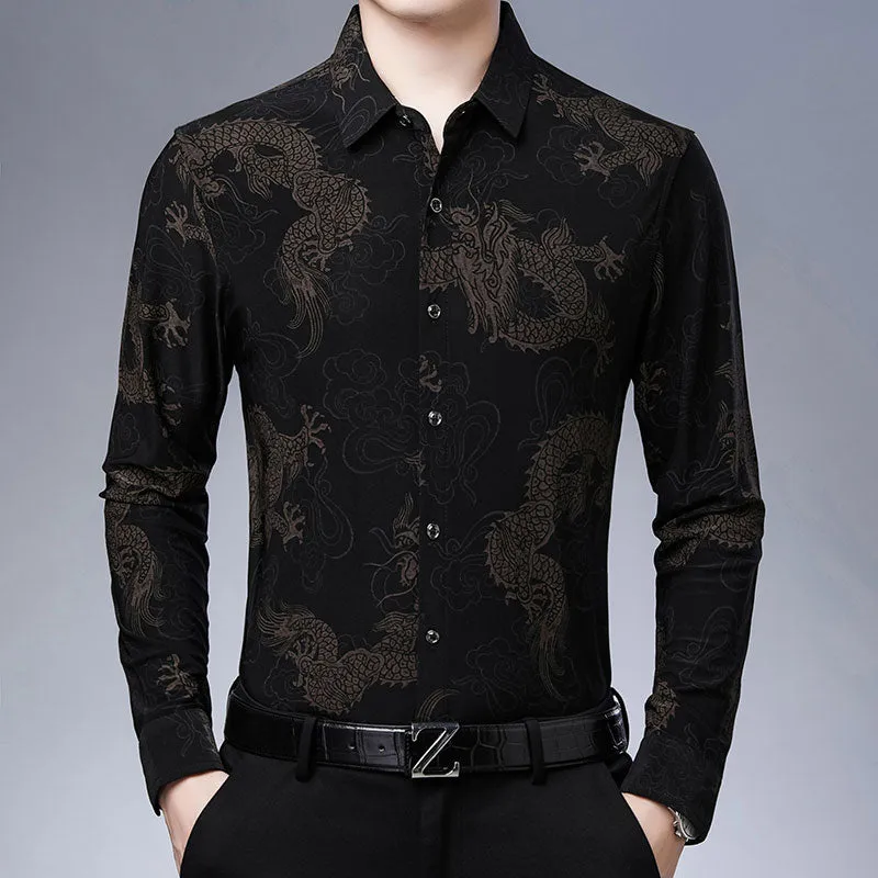 Casual Korean Fashion Luxury Animal Pattern Long Sleeve Shirt for Men