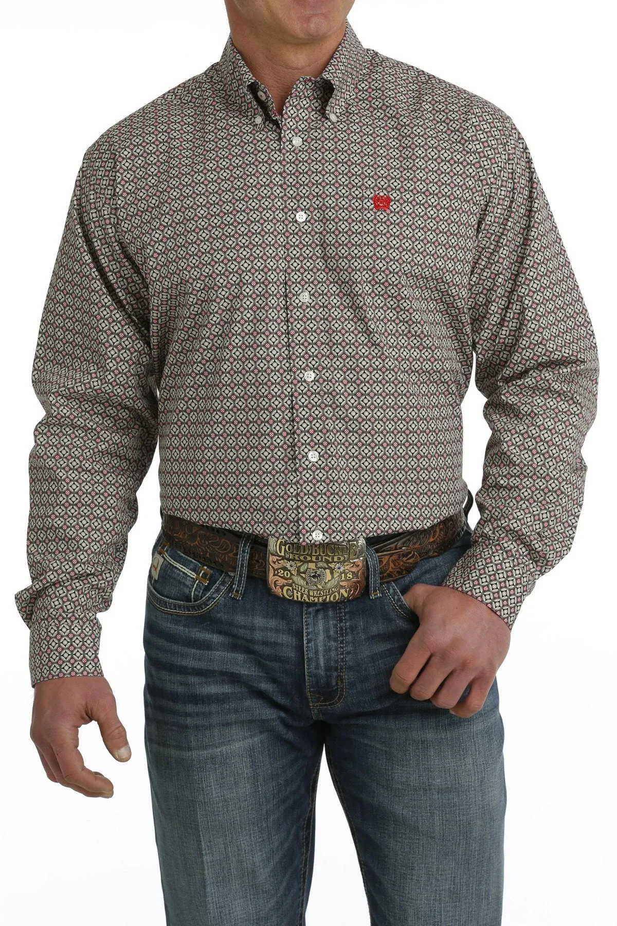 Cinch Mens Geometric Print L/S  Button Down Shirt - Khaki/Red/Black - MTW1105717