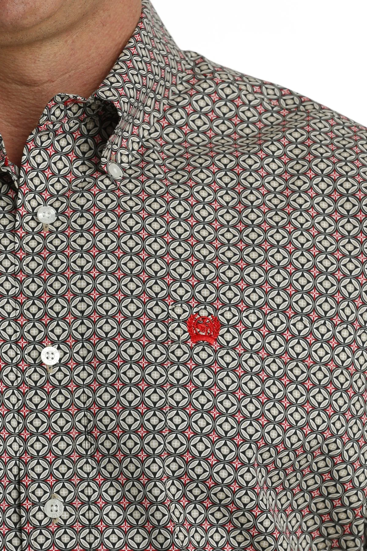 Cinch Mens Geometric Print L/S  Button Down Shirt - Khaki/Red/Black - MTW1105717