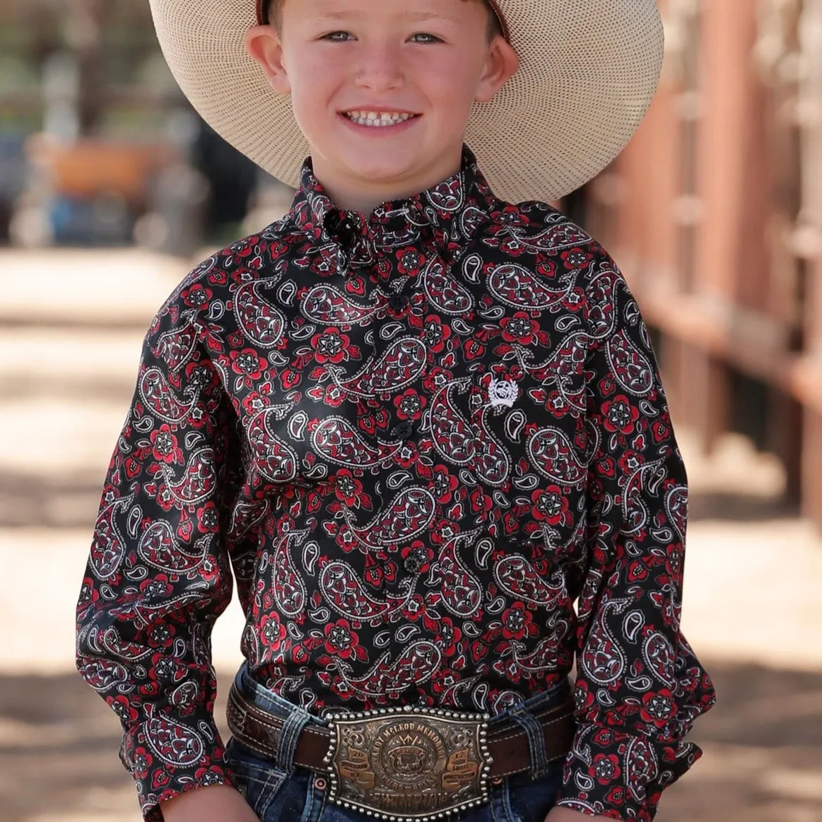 Cinch Youth Boy's Classic Fit Long Sleeve Black Paisley Western Button Down Shirt