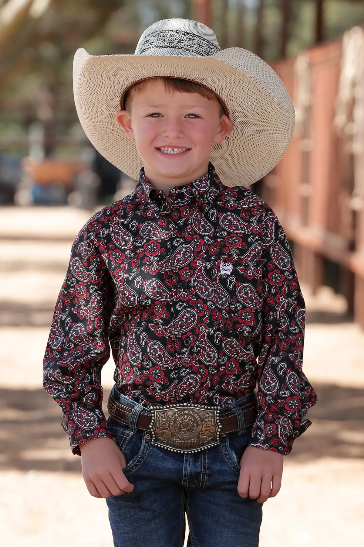 Cinch Youth Boy's Classic Fit Long Sleeve Black Paisley Western Button Down Shirt