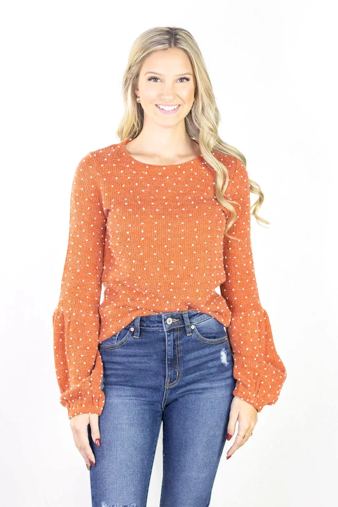 Cognac Balloon Sleeve Pom Pom Sweater