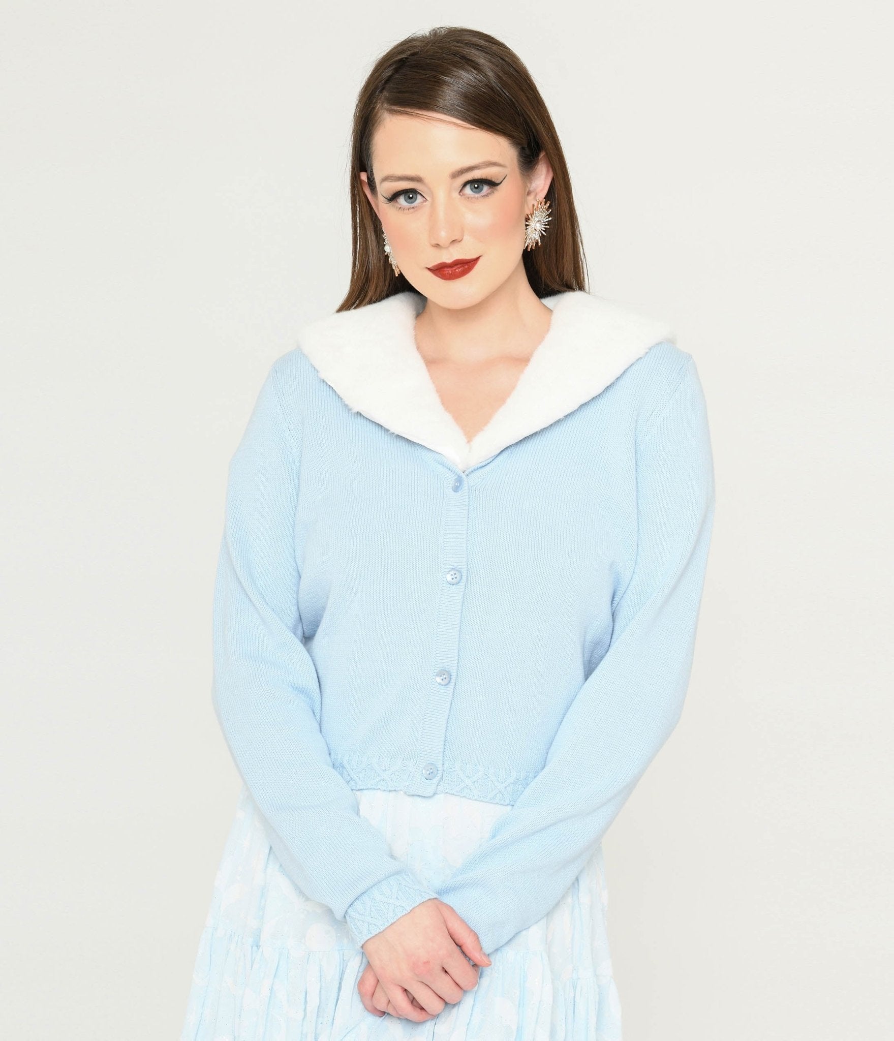 Collectif Light Blue & Faux Fur Collar Cardigan