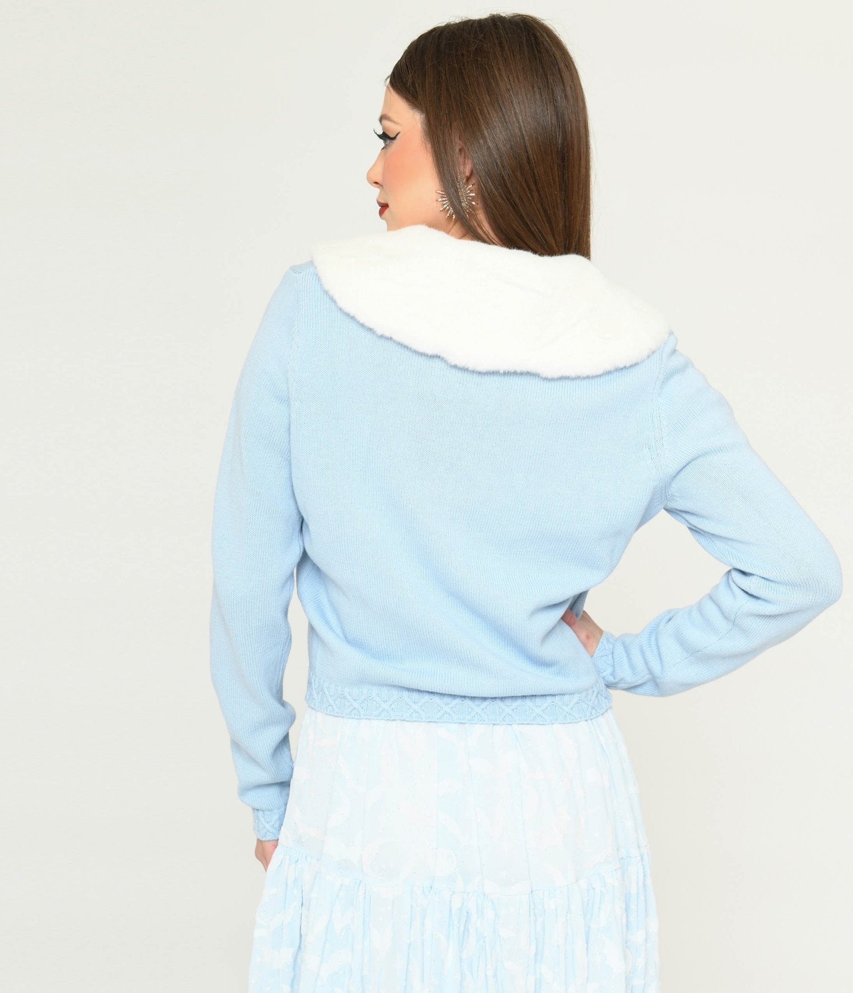 Collectif Light Blue & Faux Fur Collar Cardigan