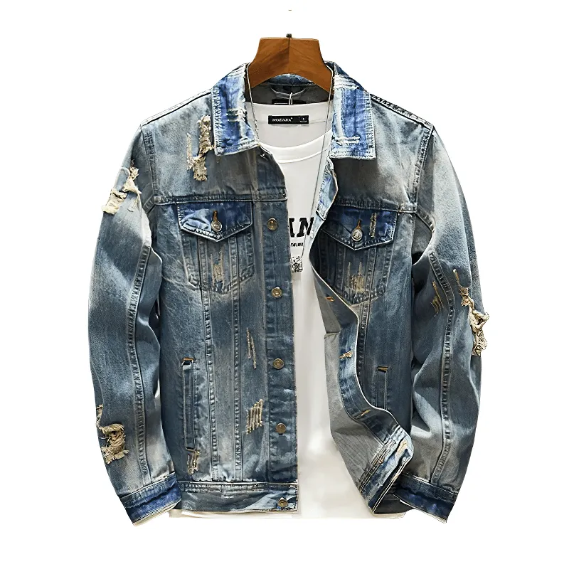 EU SALE of Men's Ripped Denim Jacket / Vintage Male Outerwear with Pockets