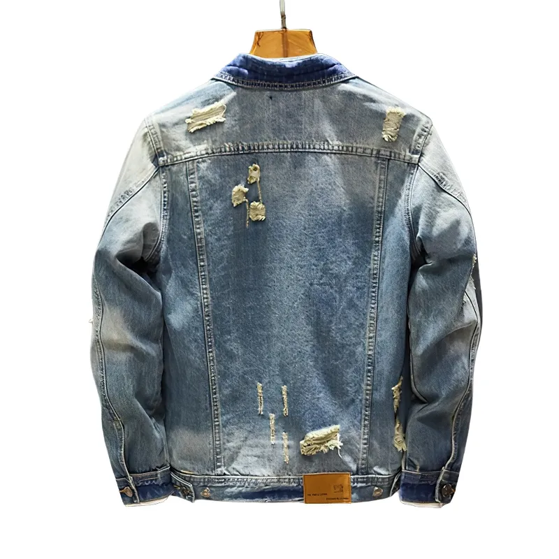 EU SALE of Men's Ripped Denim Jacket / Vintage Male Outerwear with Pockets