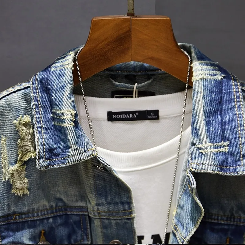 EU SALE of Men's Ripped Denim Jacket / Vintage Male Outerwear with Pockets