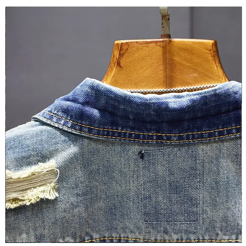 EU SALE of Men's Ripped Denim Jacket / Vintage Male Outerwear with Pockets