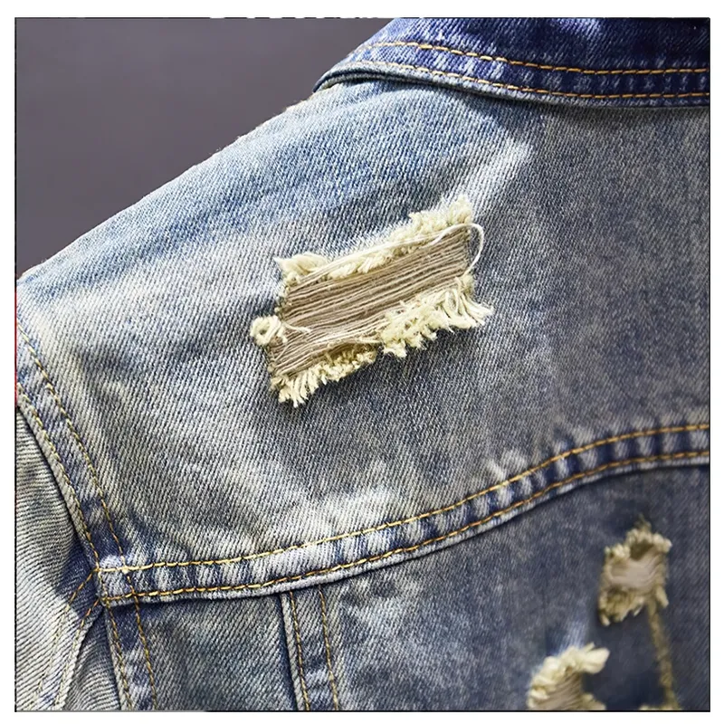 EU SALE of Men's Ripped Denim Jacket / Vintage Male Outerwear with Pockets