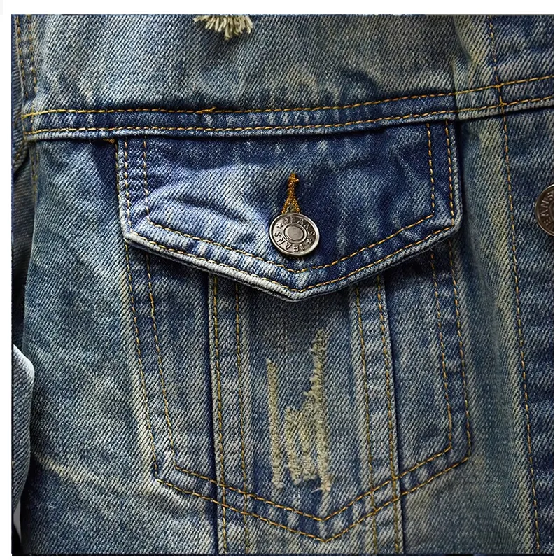 EU SALE of Men's Ripped Denim Jacket / Vintage Male Outerwear with Pockets