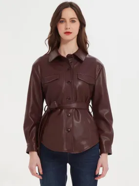 Faux Leather Shirt Jackt Burgundy PU Turndown Collar Button Casual Belt Spring Fall Street Outerwear For Women