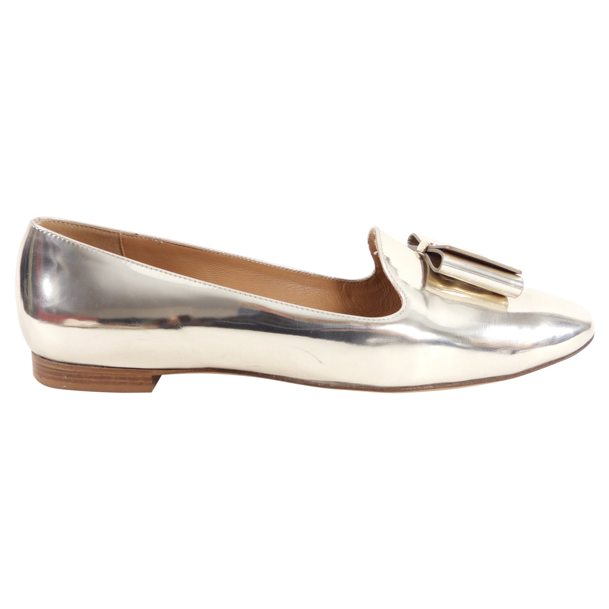 Ferragamo Elisabella Gold Metallic Bow Flat Shoes - 10B