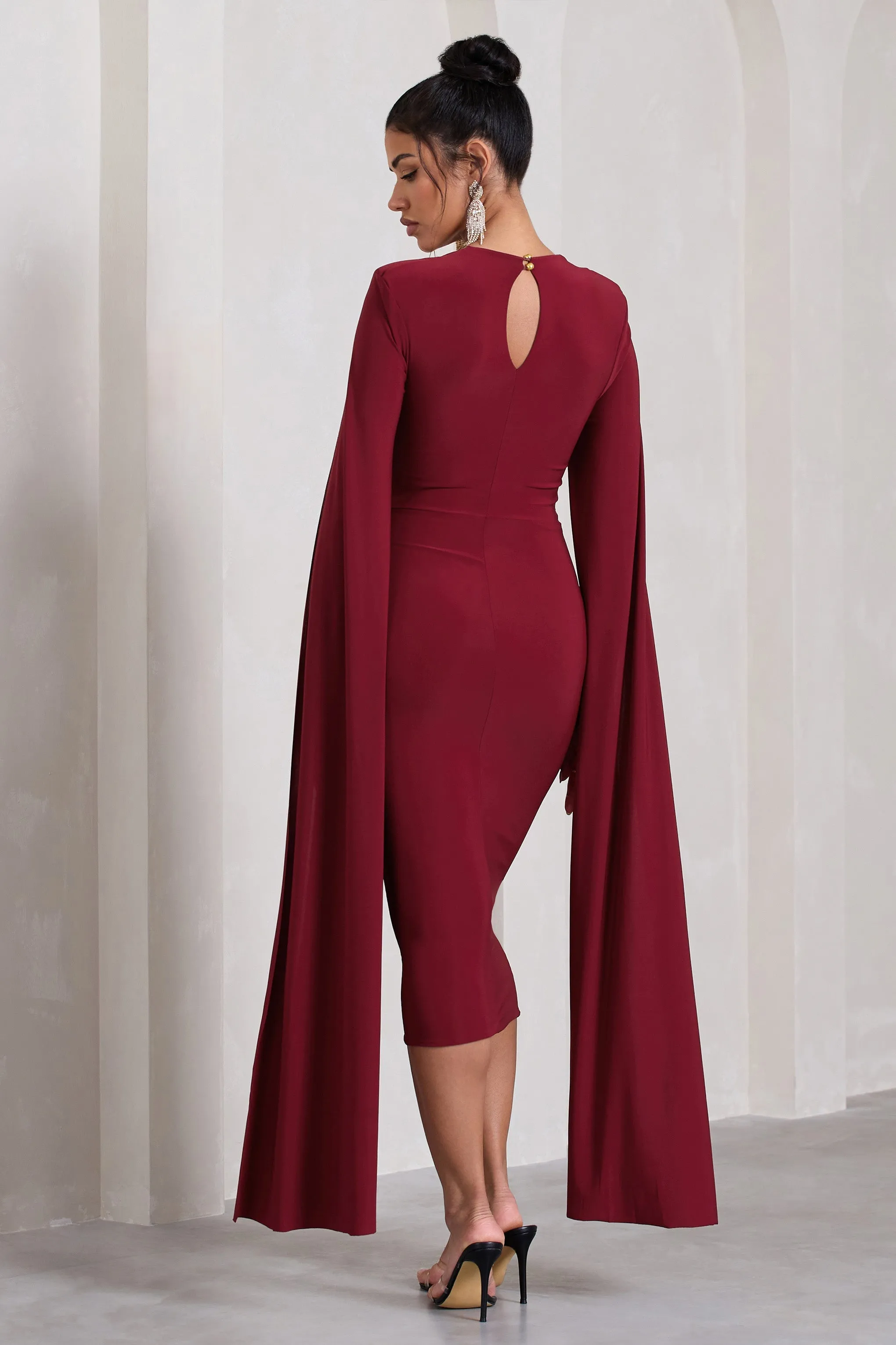 Flawless | Berry Square Neck Midi Dress With Cape Sleeves