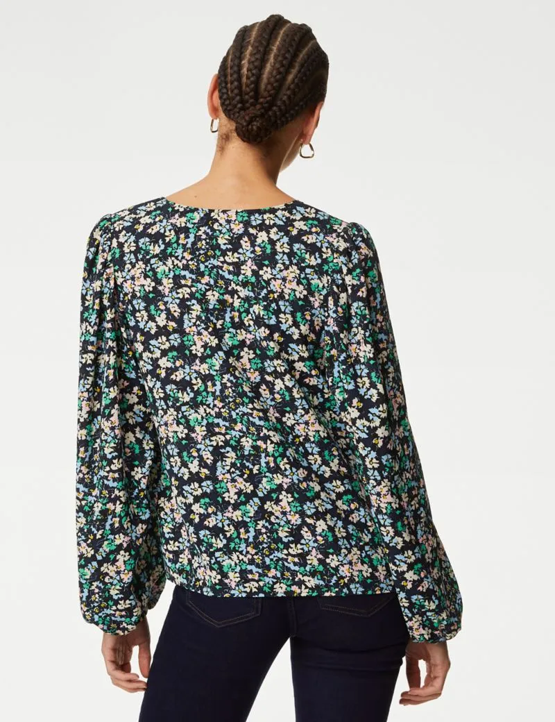 Floral V-Neck Button Detail Blouse