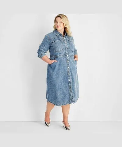 Future Collective Women's Long Sleeve Denim Midi Dress