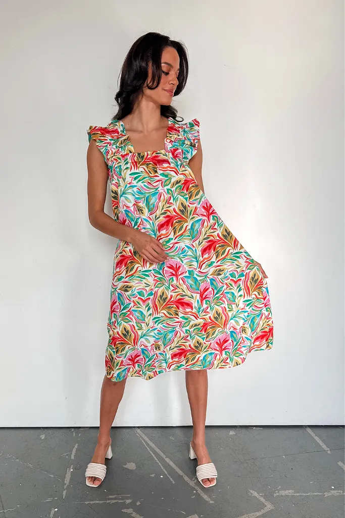 Island In The Sun Flutter Sleeve Midi Dress