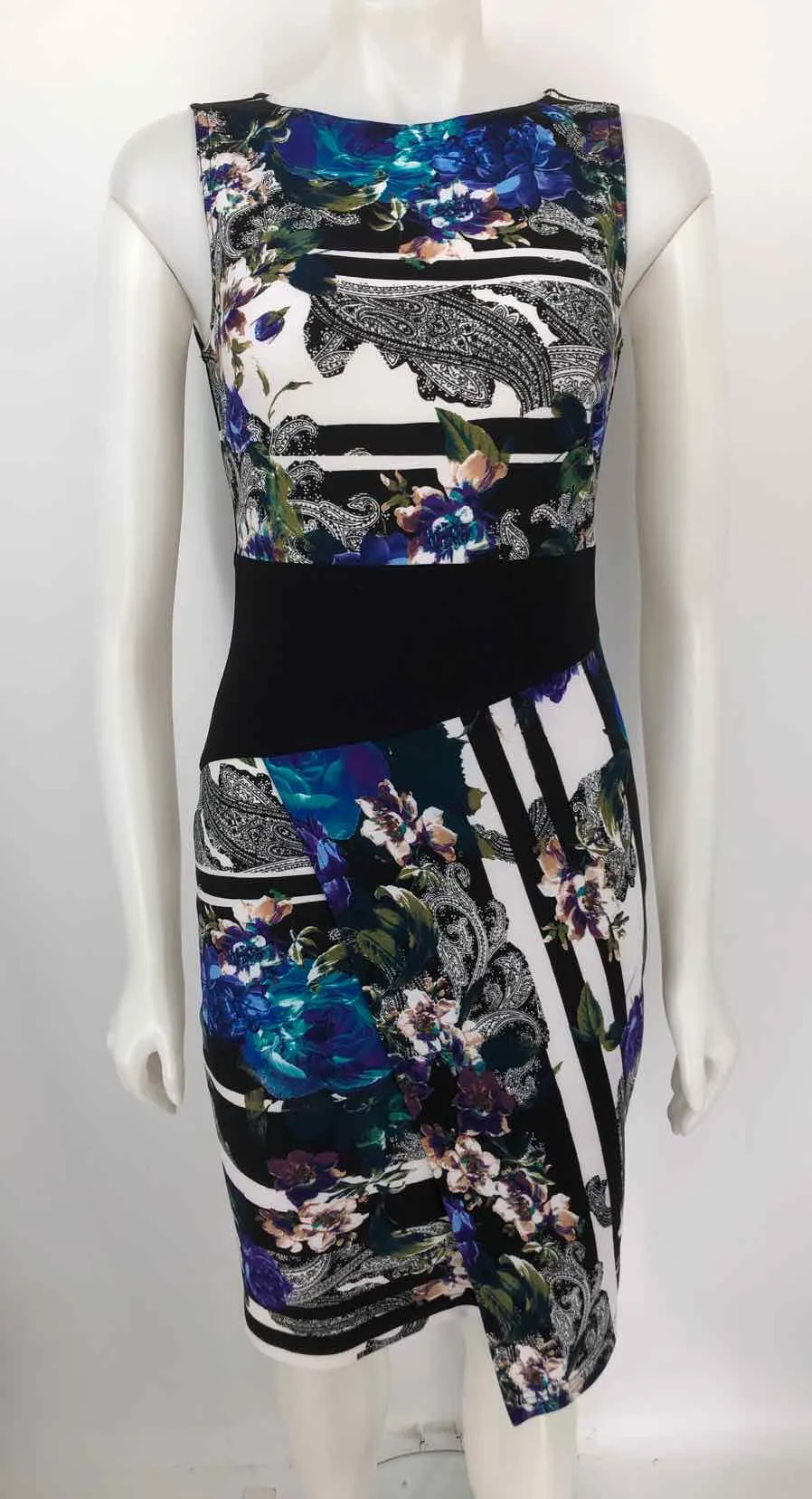 JOSEPH RIBKOFF Black & White Blue Multi Print Sleeveless Size SMALL (S) Dress