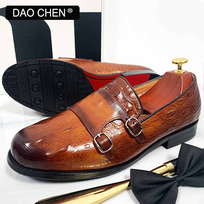 LUXURY BRAND MEN SHOES FASHION DESIGNER MAN LOAFERS SHOE DOUBLE MONK SHOES CROCODILE PRINTS LEATHER CASUAL SHOES FOR MEN