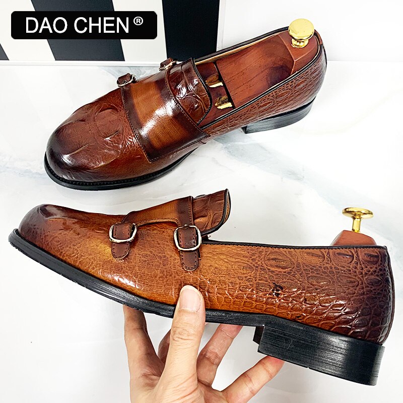 LUXURY BRAND MEN SHOES FASHION DESIGNER MAN LOAFERS SHOE DOUBLE MONK SHOES CROCODILE PRINTS LEATHER CASUAL SHOES FOR MEN