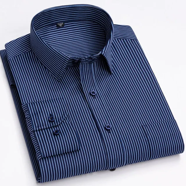 Men's Casual Broadcloth Striped Single Patch Pocket Long Sleeve Shirt