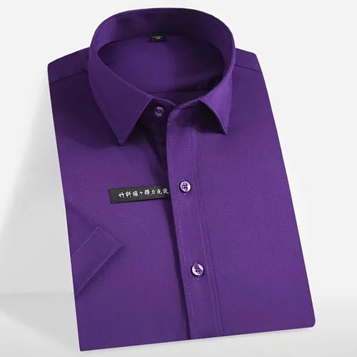 Men's Purple Color Stretchy Bamboo-fiber Without Pocket Short Sleeve Shirt