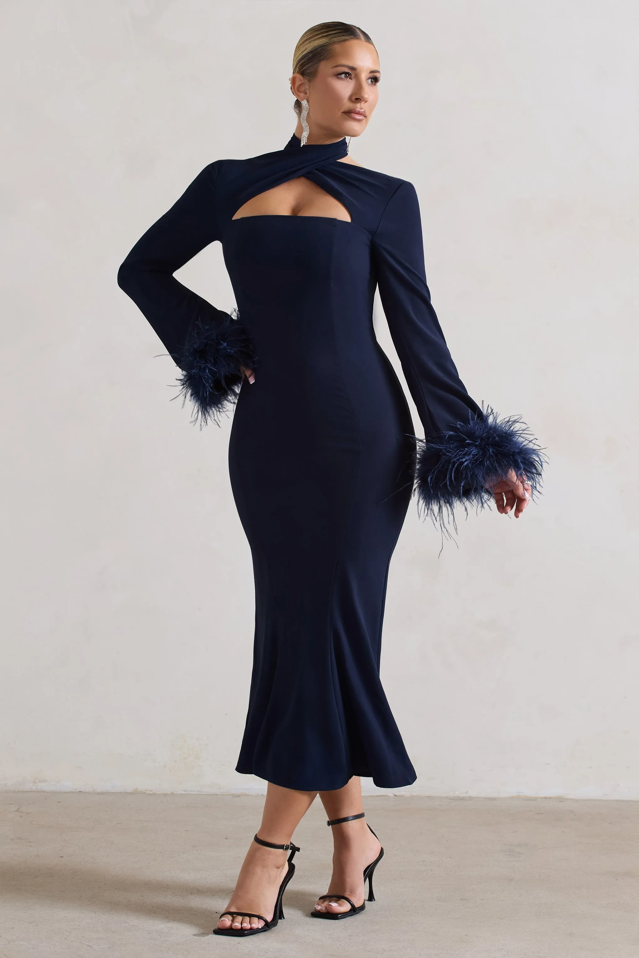 Monroe | Navy Cross Halter-Neck Midi Dress With Feather Cuffs