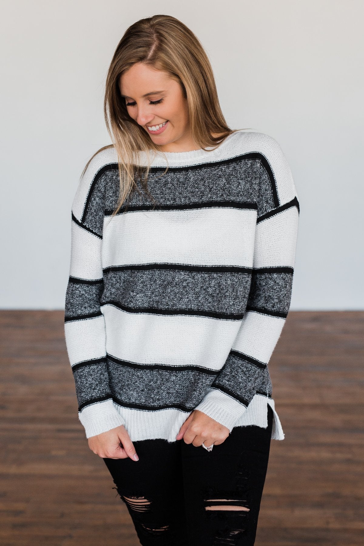 Oh So Soft Striped Knit Sweater- White