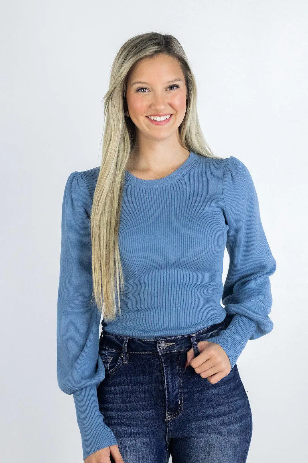 Ribbed Blue Balloon Sleeve Top