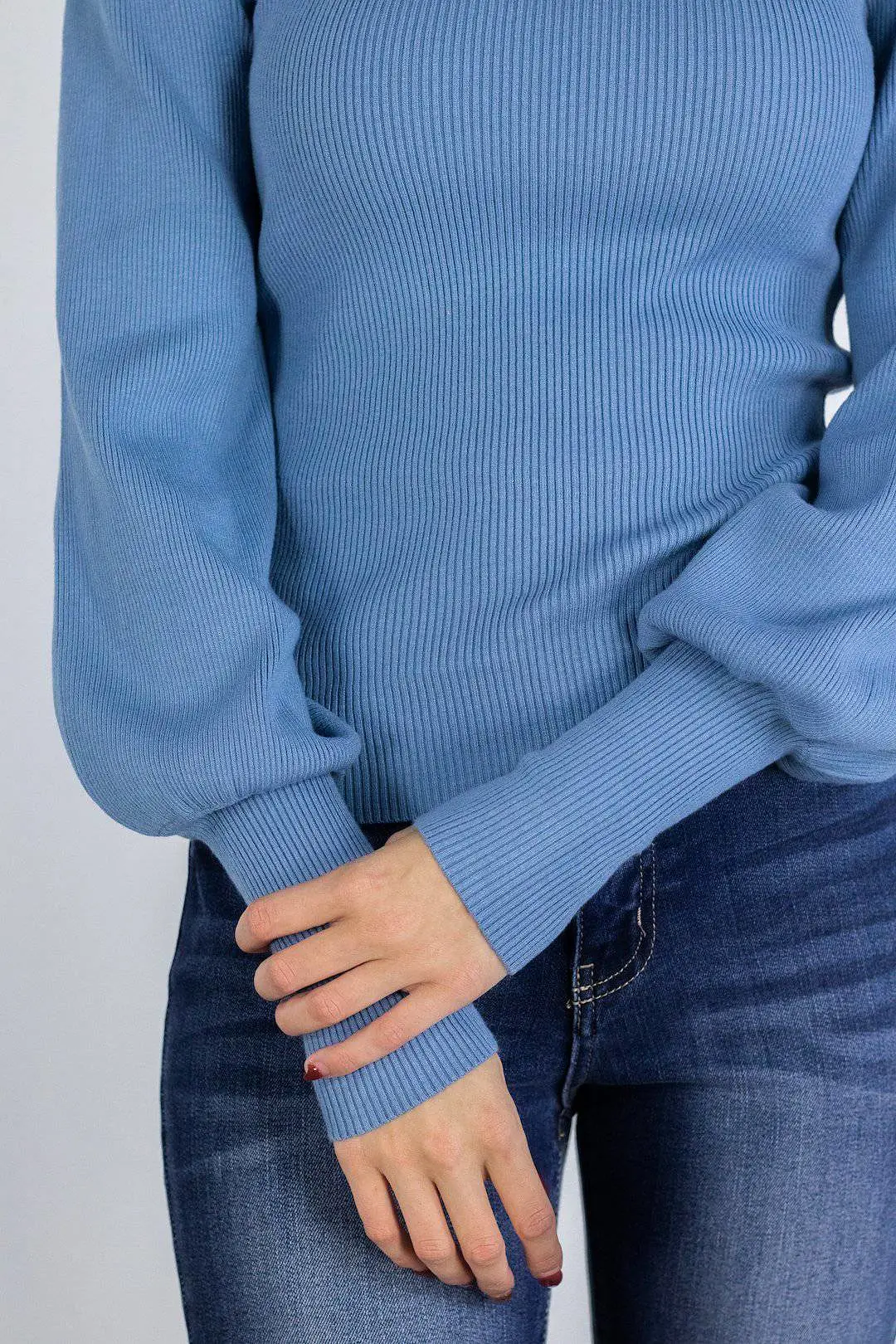 Ribbed Blue Balloon Sleeve Top