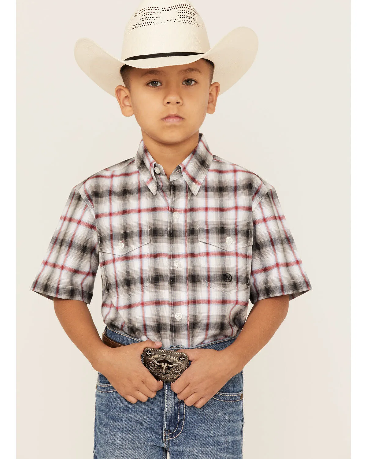 Roper Boys' Amarillo Plaid Print Short Sleeve Button-Down Shirt