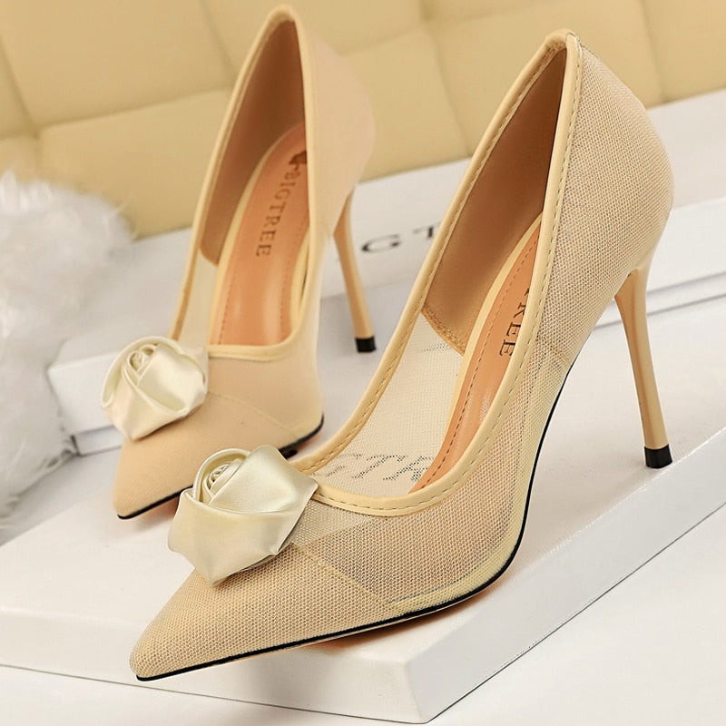 Shoes Rose Flower Woman Pumps Mesh Hollow High Heels Sexy Party Shoes