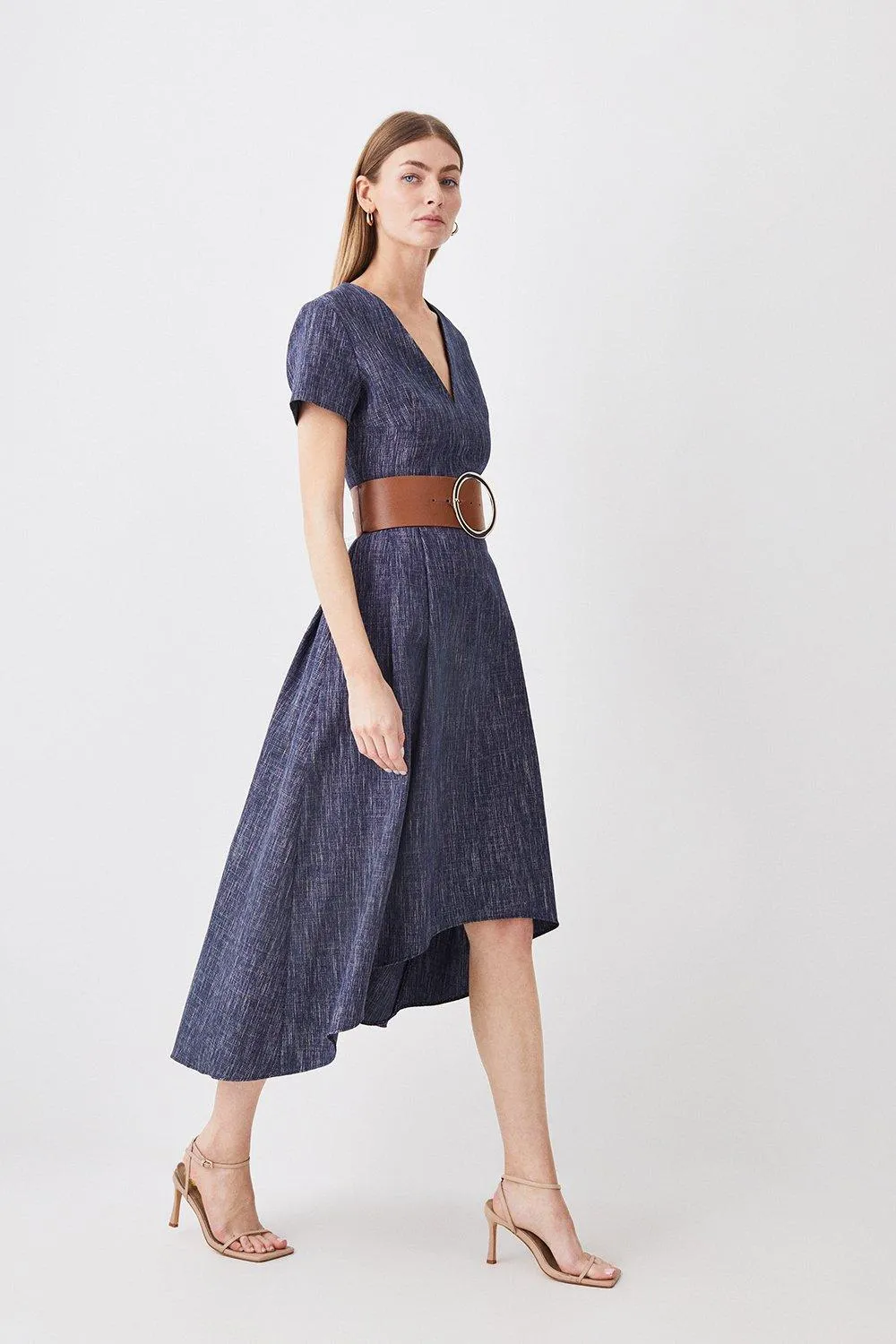 Tailored Denim Look Full Skirted Midi Dress | Karen Millen