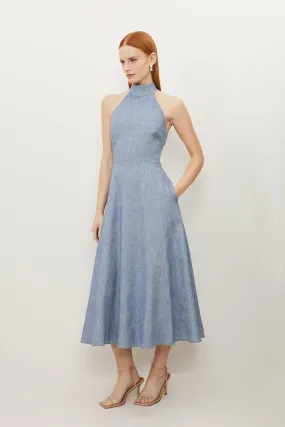 Tall Tailored Denim Linen Strappy Full Skirted Midi Dress | Karen Millen