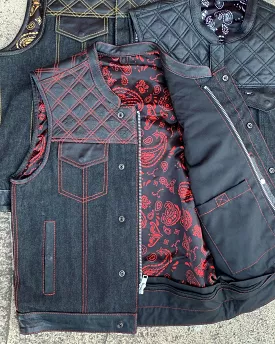 'Unik' Men's Paisley Lined Denim-Leather Vest - Black / Red