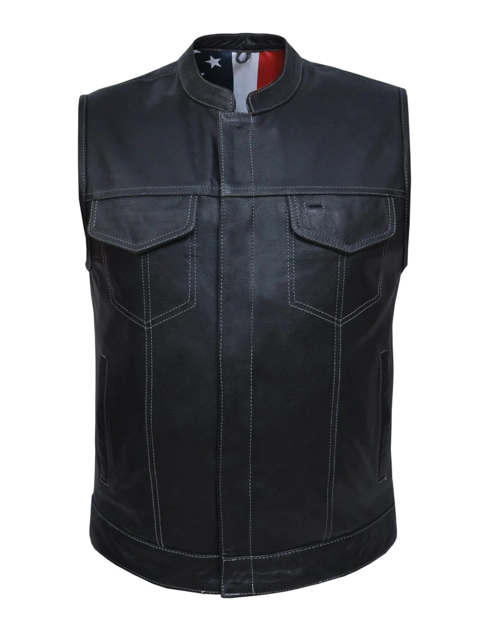 'Unik' Men's USA Flag Lined Leather Vest -Black