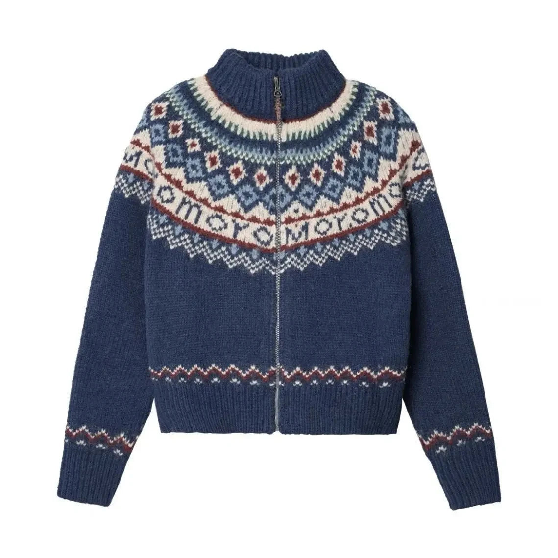 Vintage Zipper Women Cardigan Fair Isle Sweater Half High Collar Long Sleeve Knitwear