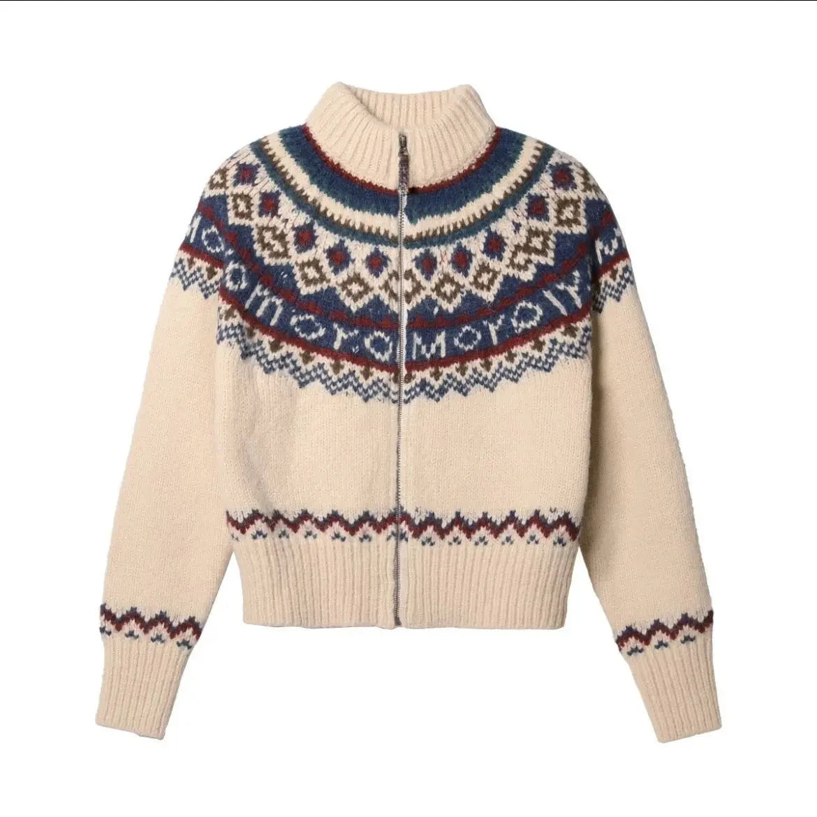 Vintage Zipper Women Cardigan Fair Isle Sweater Half High Collar Long Sleeve Knitwear