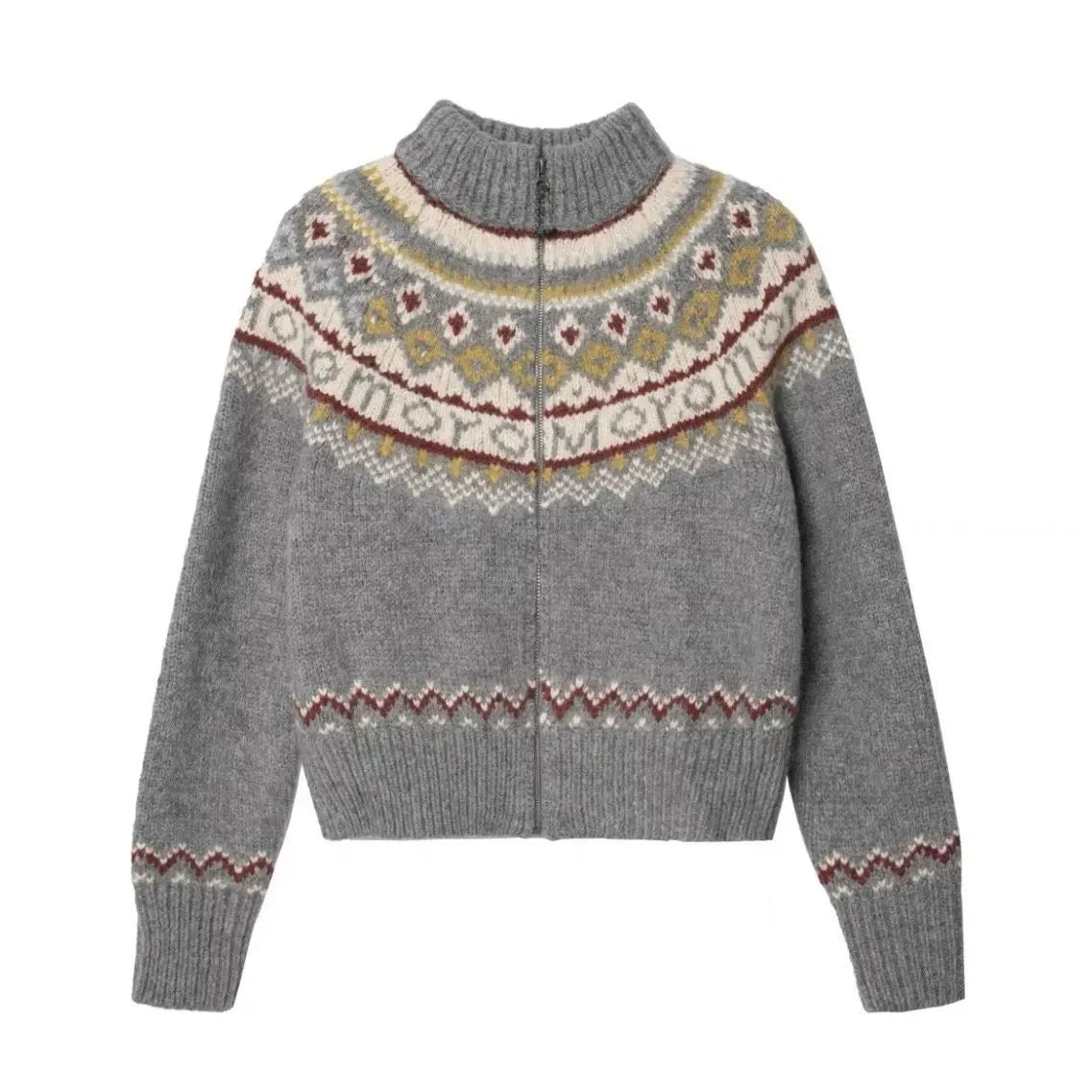 Vintage Zipper Women Cardigan Fair Isle Sweater Half High Collar Long Sleeve Knitwear