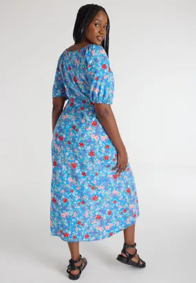 Womens Blue Floral Ruffle Edge Midi Dress